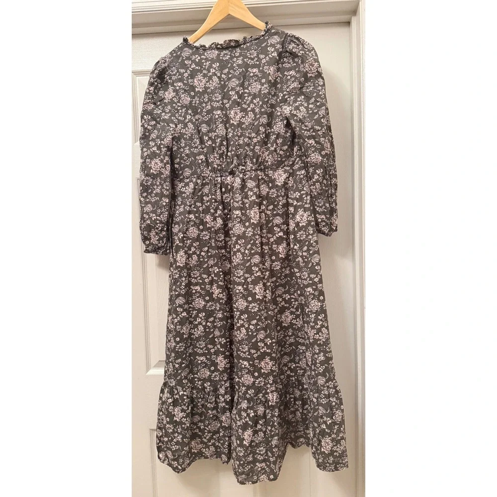 The Nines by Hatch Midi Dress Women Small Olive Green Floral V-Neck Tiered Boho